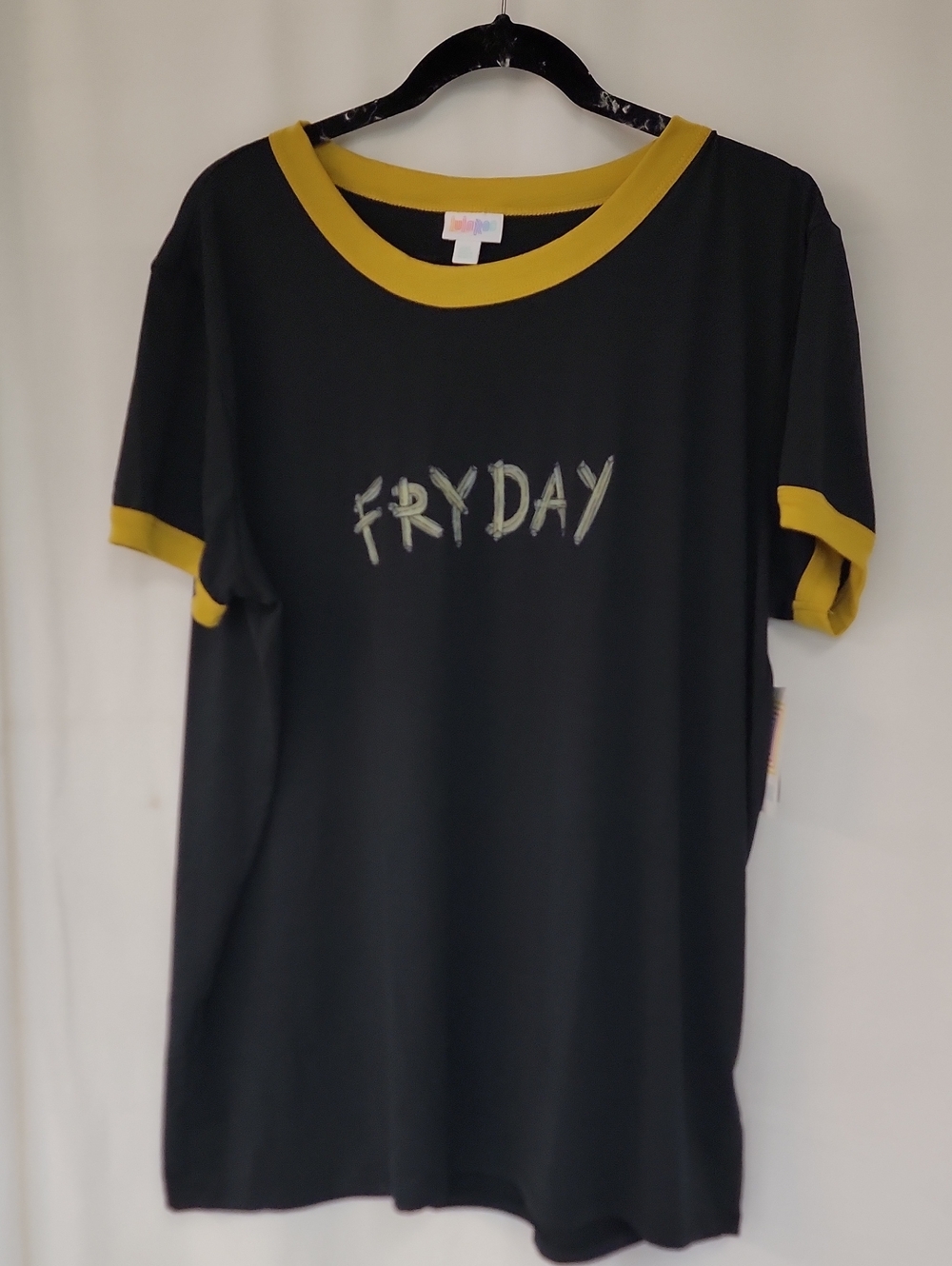 LuLaRoe Black Ringer Tee with Mustard Trim - 'FRYDAY' Graphic